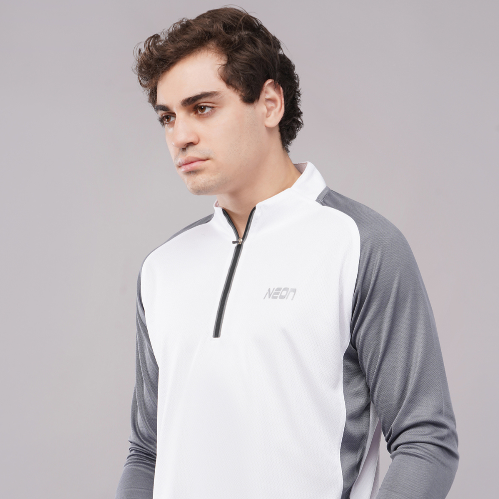 Neon Athleisure Men’s White & Grey Zip-Collar Long-Sleeve Athletic Shirt