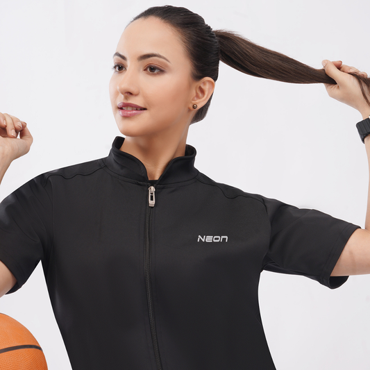 Neon Athleisure Women’s Black Front-Zip Half-Sleeve Active Jacket