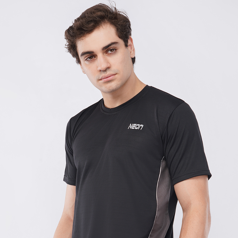 Neon Athleisure Men’s Black Athletic Half-Sleeve T-Shirt (Mesh Panels)