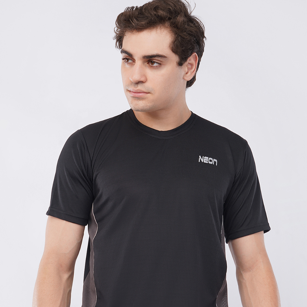 Neon Athleisure Men’s Black Athletic Half-Sleeve T-Shirt (Mesh Panels)