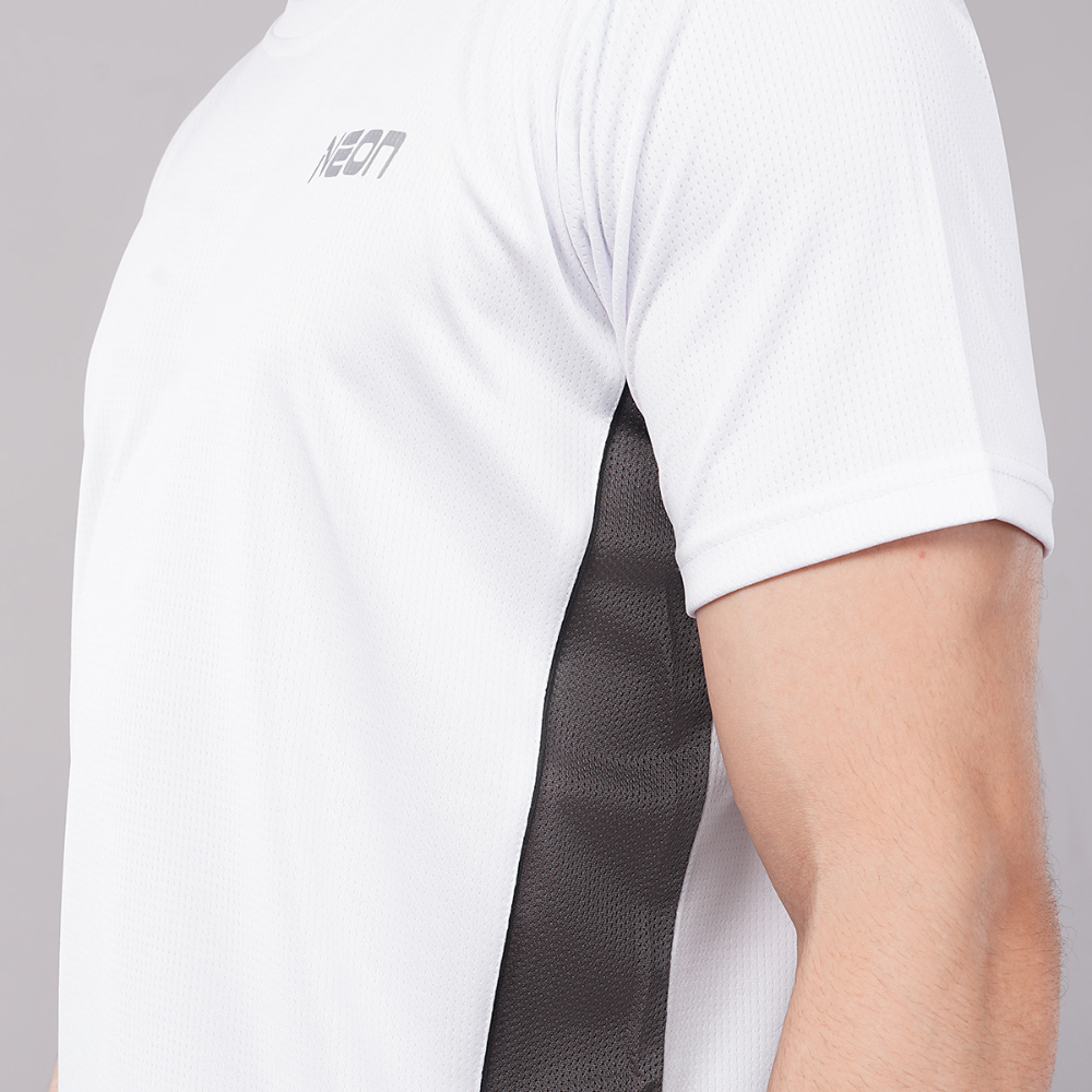 Neon Athleisure Men’s White Athletic Half-Sleeve T-Shirt (Mesh Panels for Breathability)