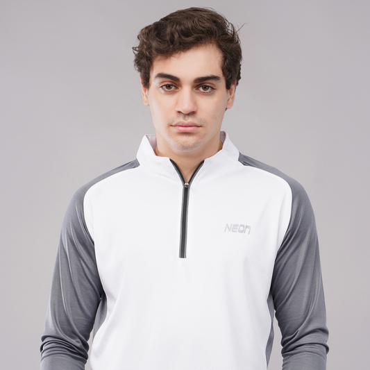 Neon Athleisure Men’s White & Grey Zip-Collar Long-Sleeve Athletic Shirt