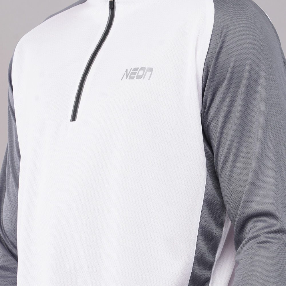Neon Athleisure Men’s White & Grey Zip-Collar Long-Sleeve Athletic Shirt